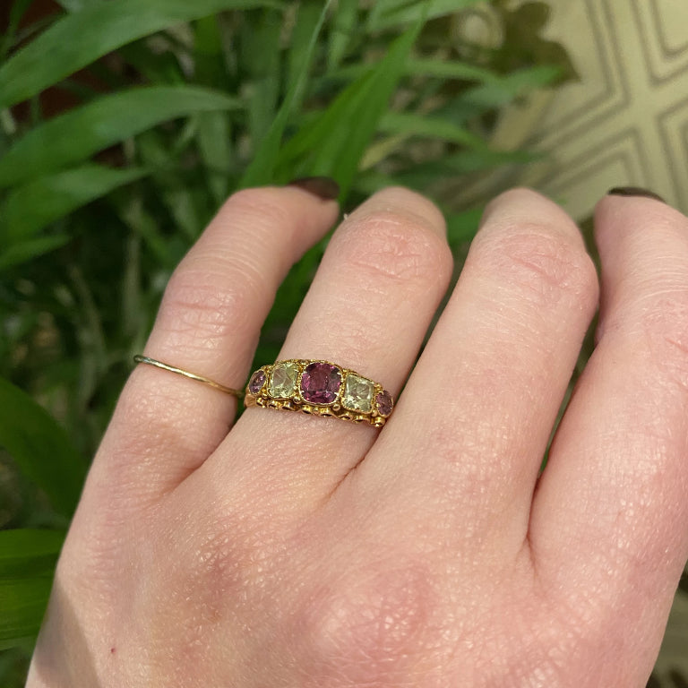 Garnet and Chrysoberyl in 18k gold ring circa 1850