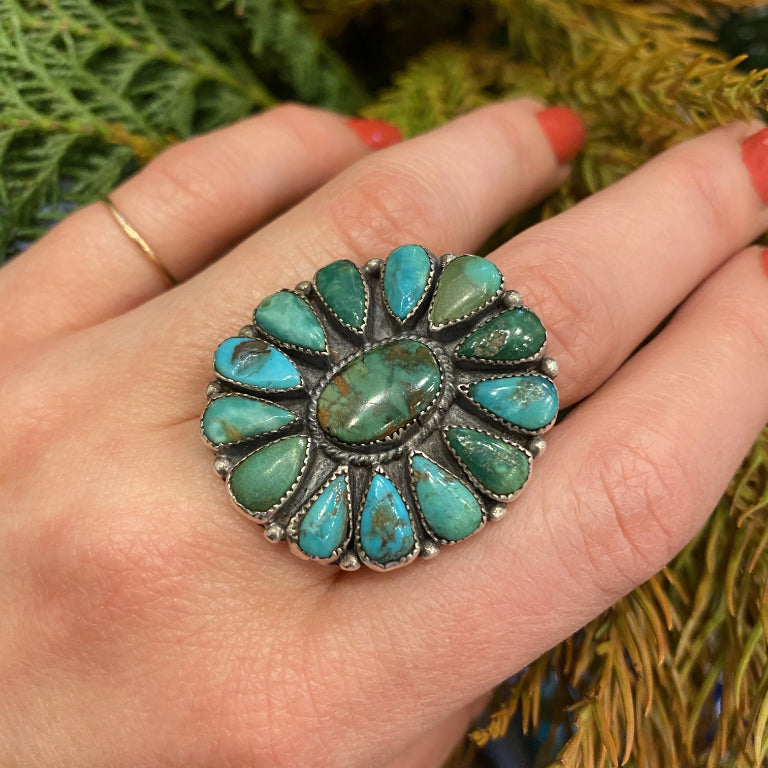 Bold Beauty Vintage Turquoise and Coin Silver Ring