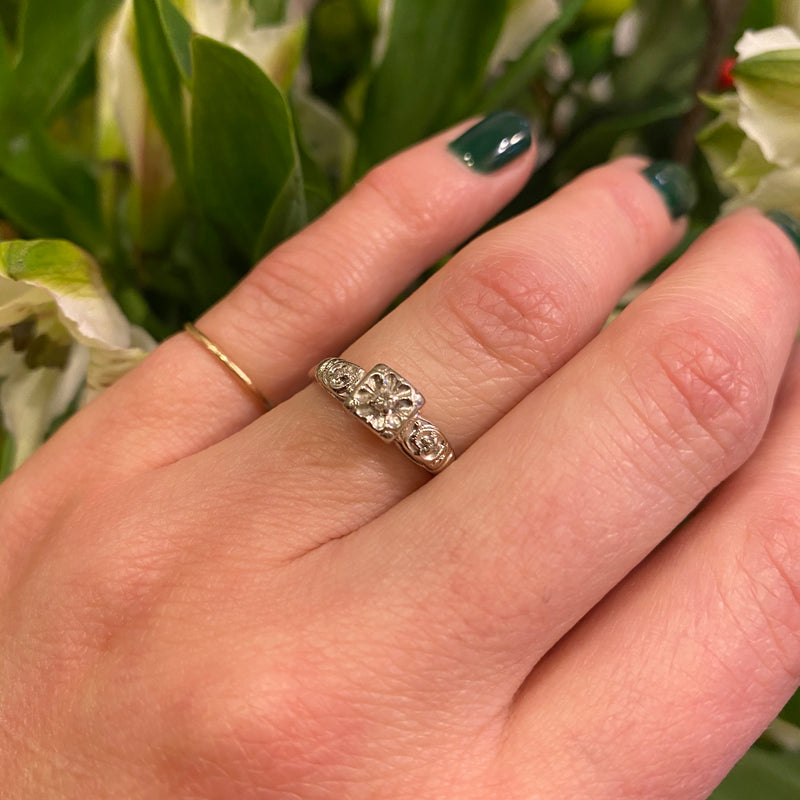 1940's White Gold diamond Flower Engagement Ring