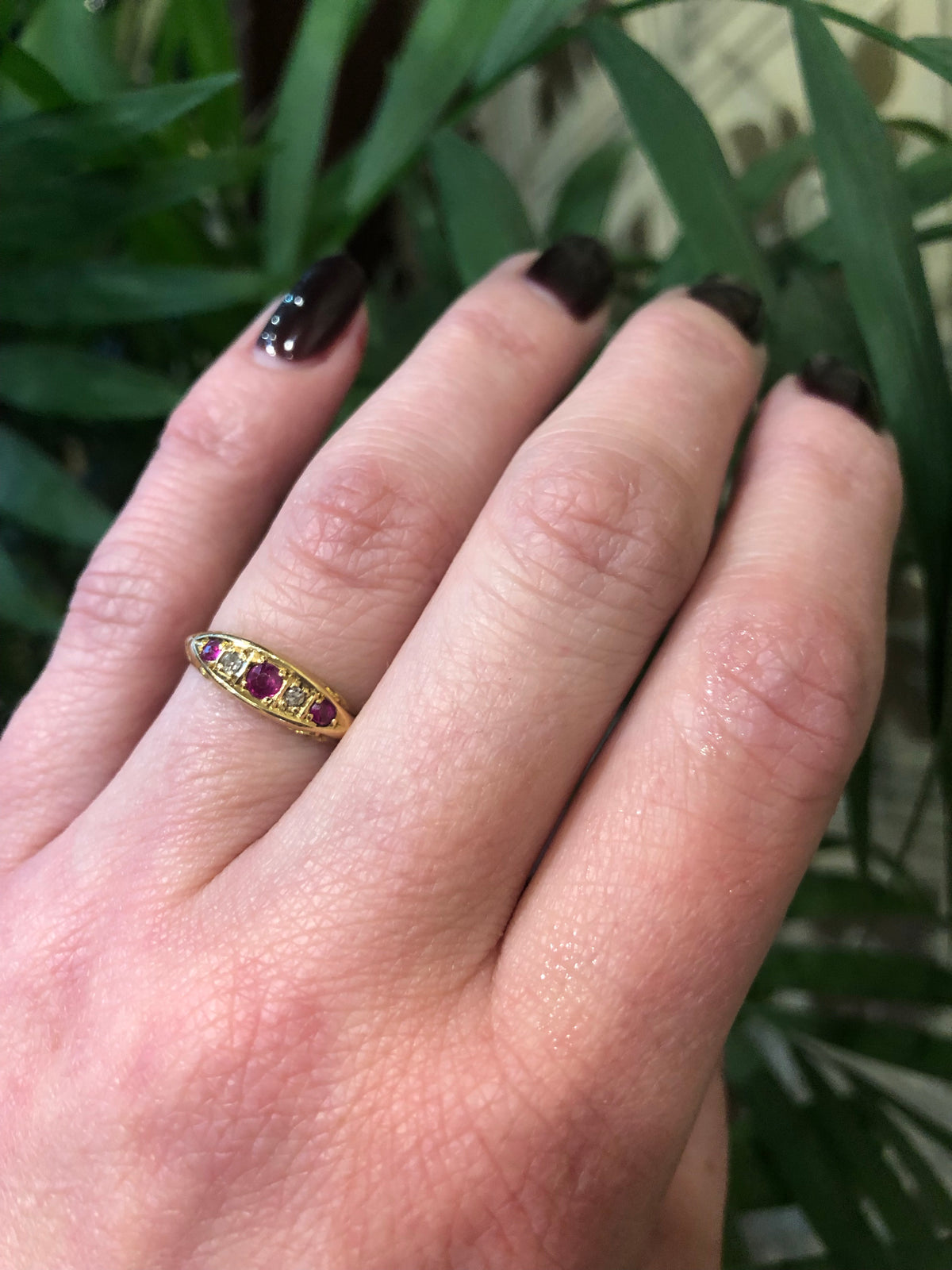 Ruby and Diamond English 18k Gold Band