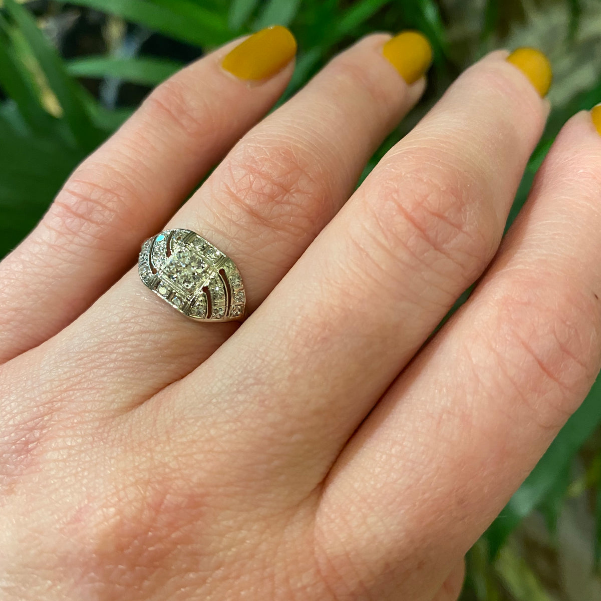 Lovely Details Low Profile Diamond Art Deco Ring