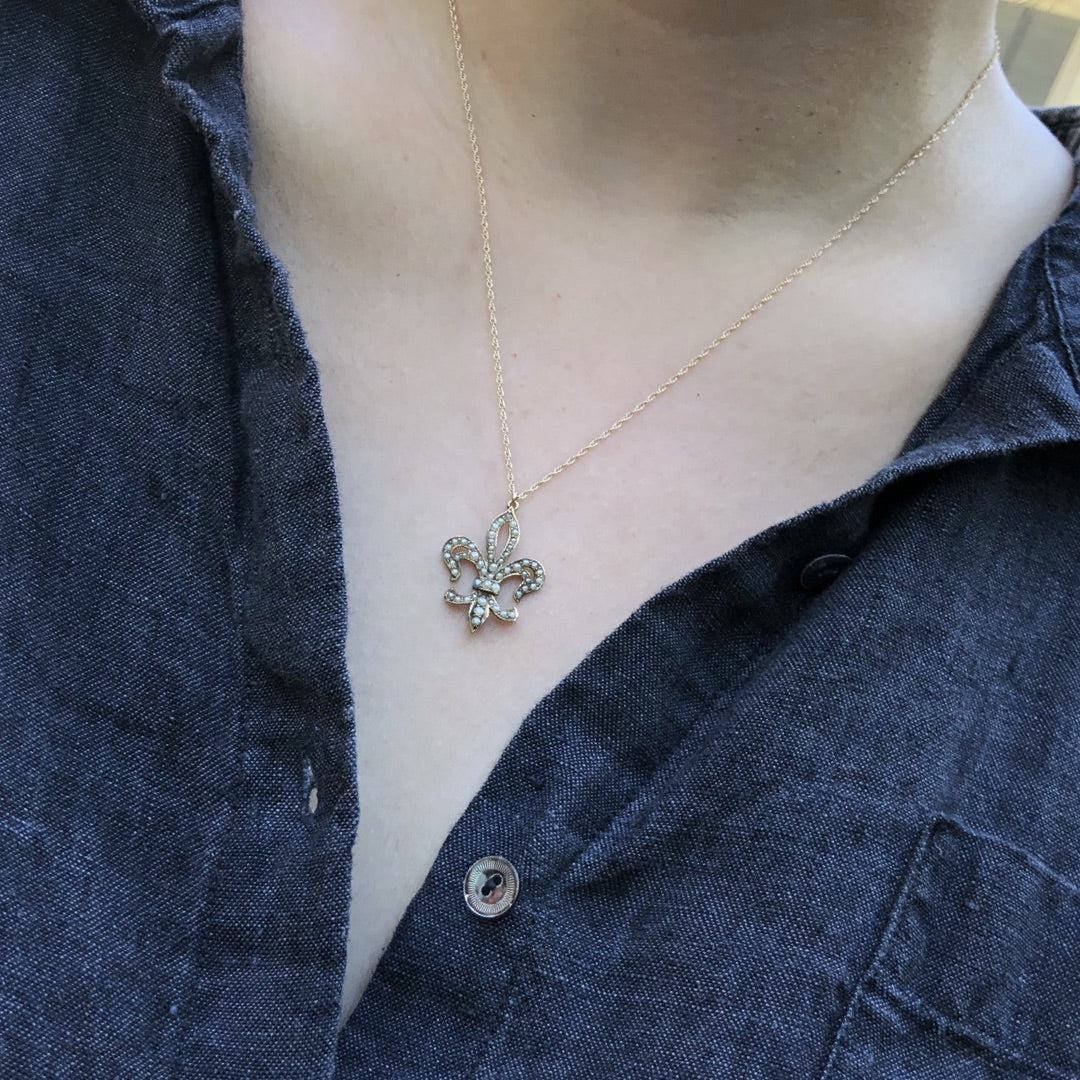 Vintage Gold and Seed Pearl Fleur de Lis Pendant