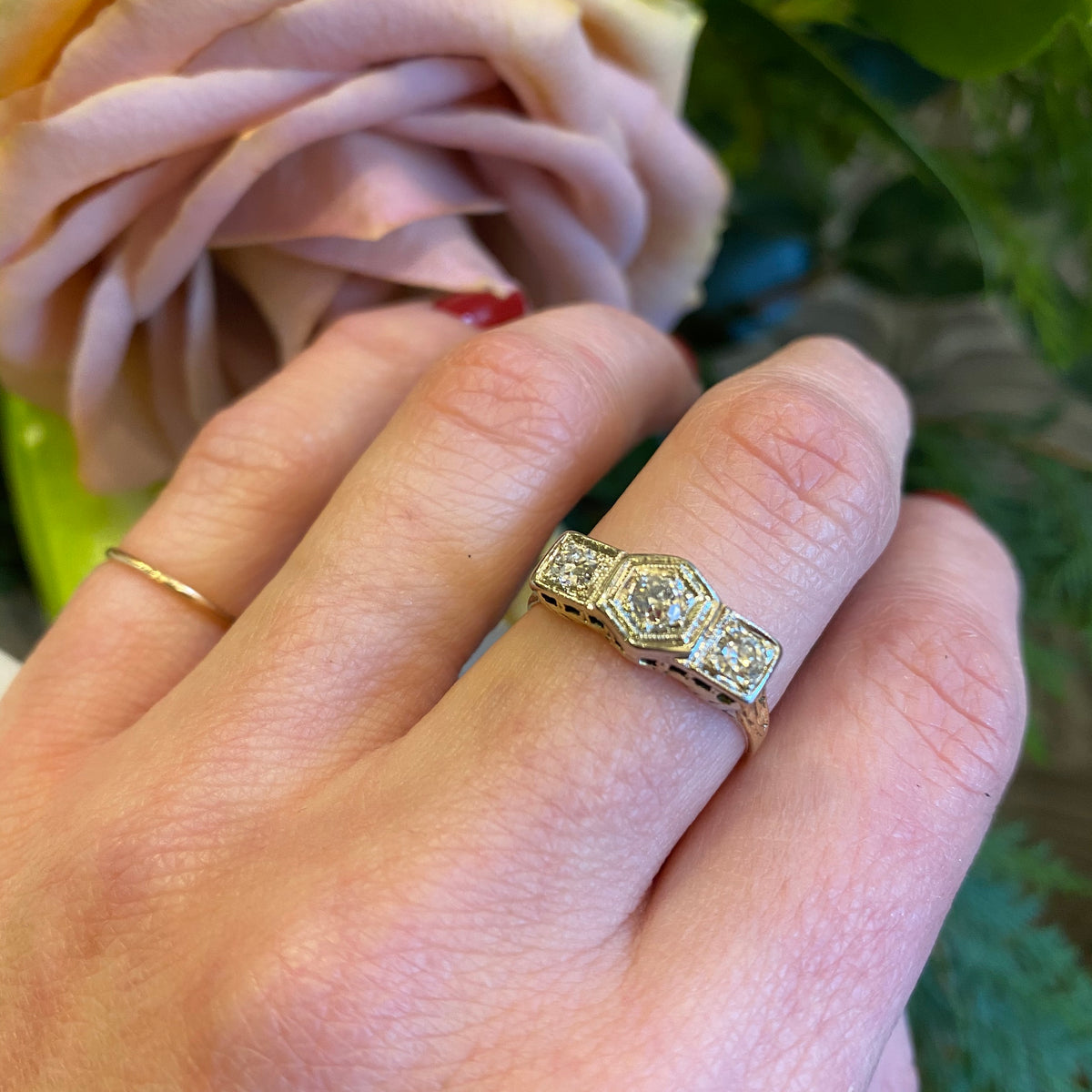 Deco Filigree Yellow Gold Three Diamond Ring