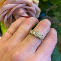 Deco Filigree Yellow Gold Three Diamond Ring