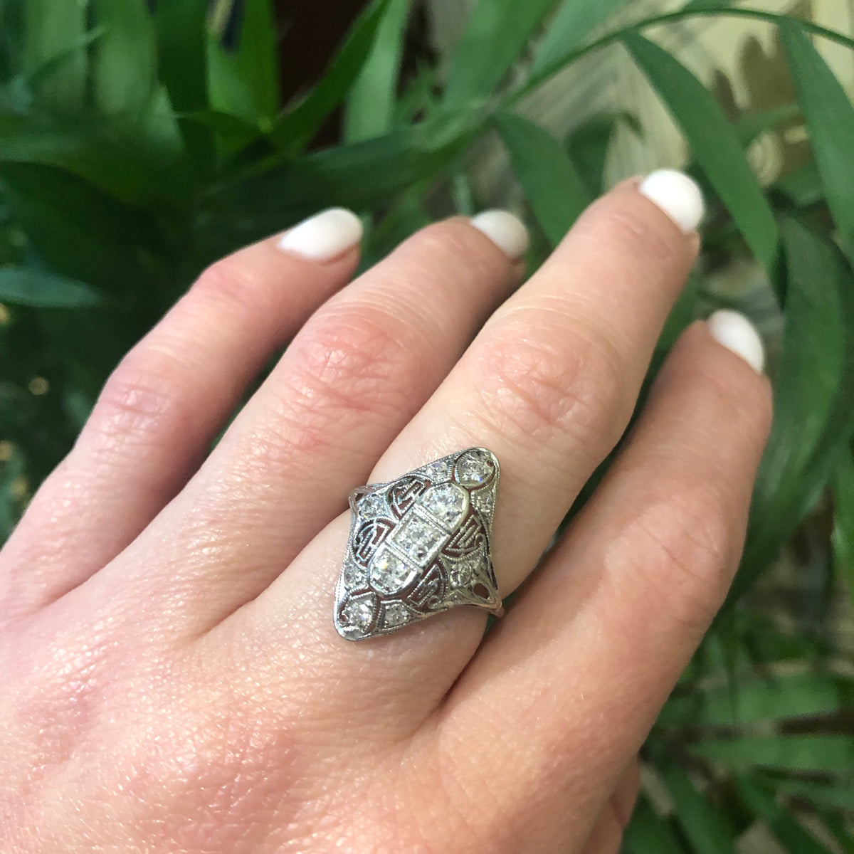 Deco Platinum and Diamond Filigree Ring