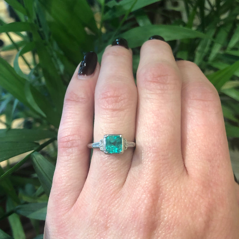 Rich Green Square Emerald and Diamond Ring