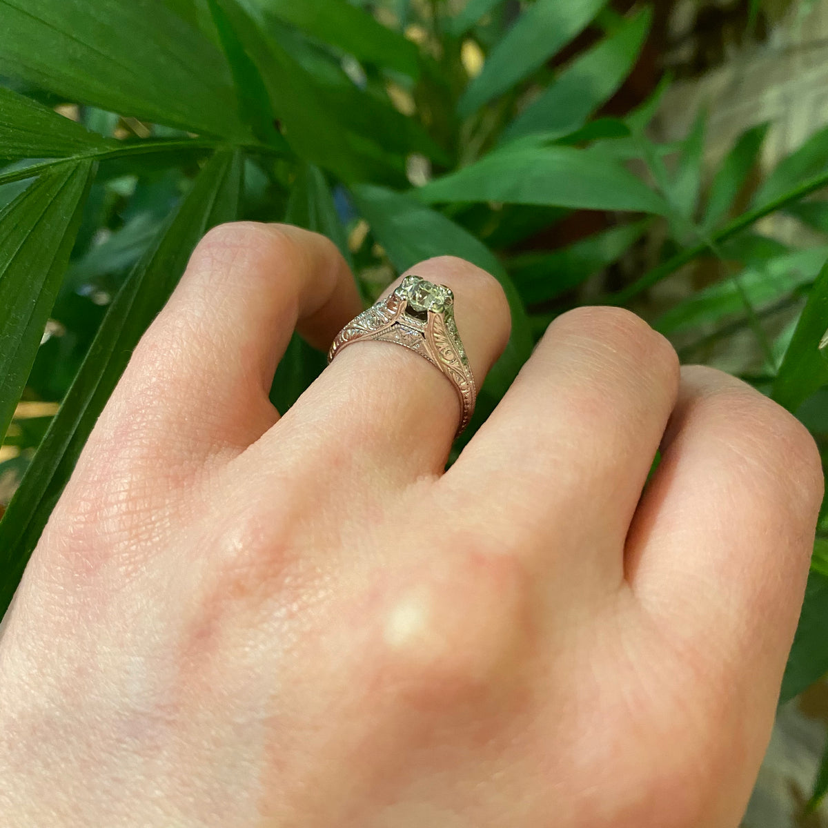 Exquisitely Engraved Art Deco Diamond Engagement Ring