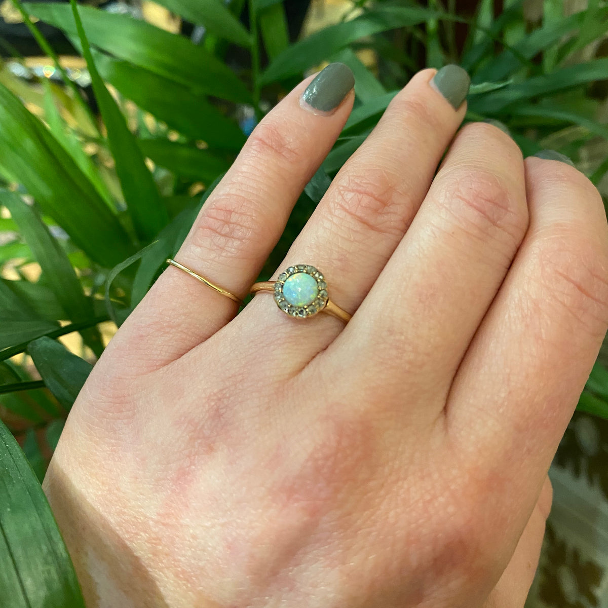 Antique Rose Cut Diamond Halo Opal Ring