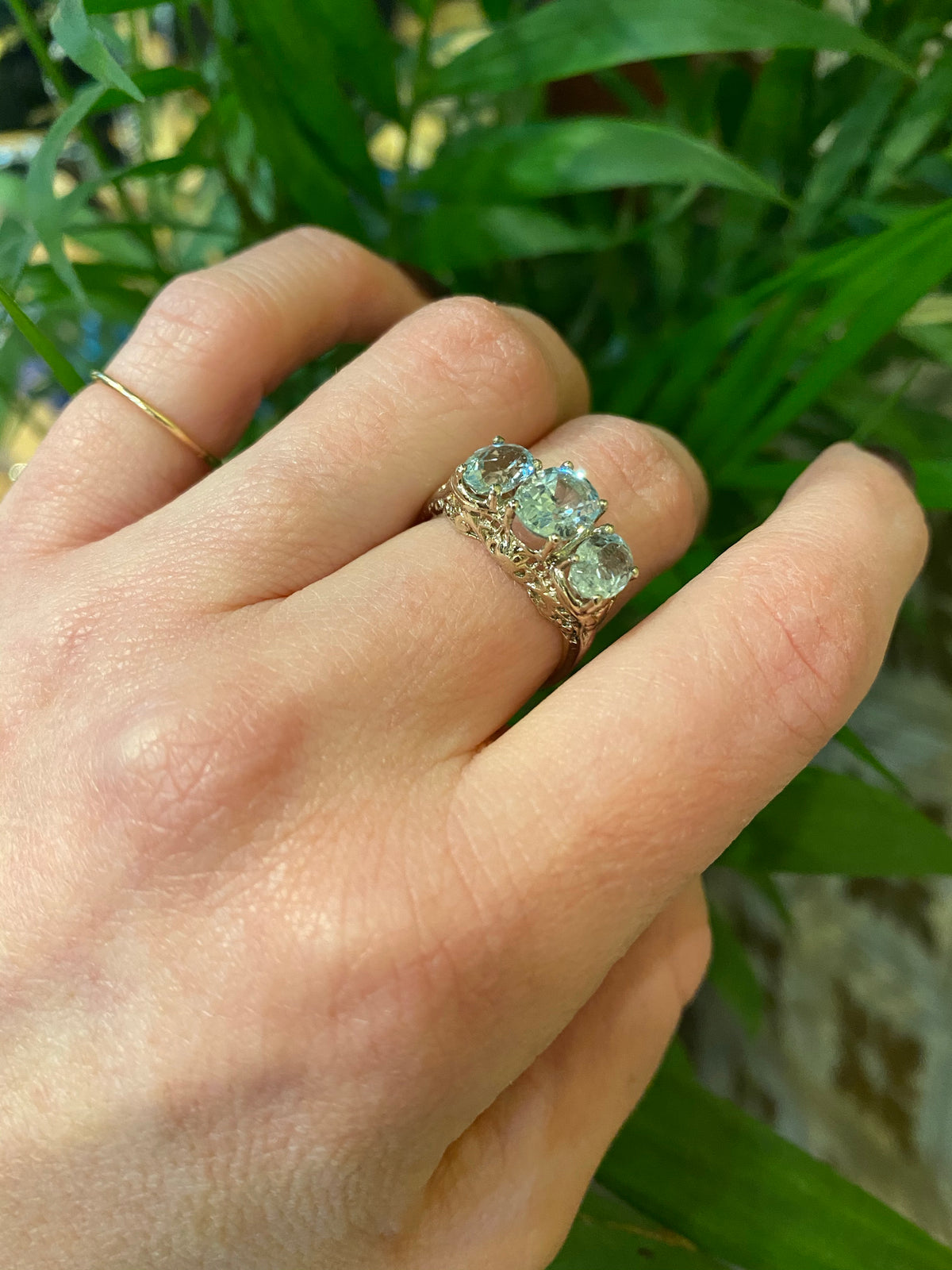 Triple Aquamarine White Gold Filigree Ring