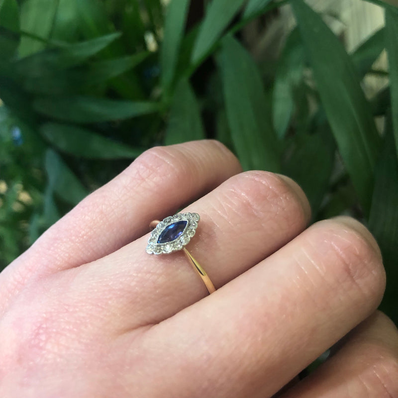 1920s Marquis Cut Sapphire Diamond Halo Ring