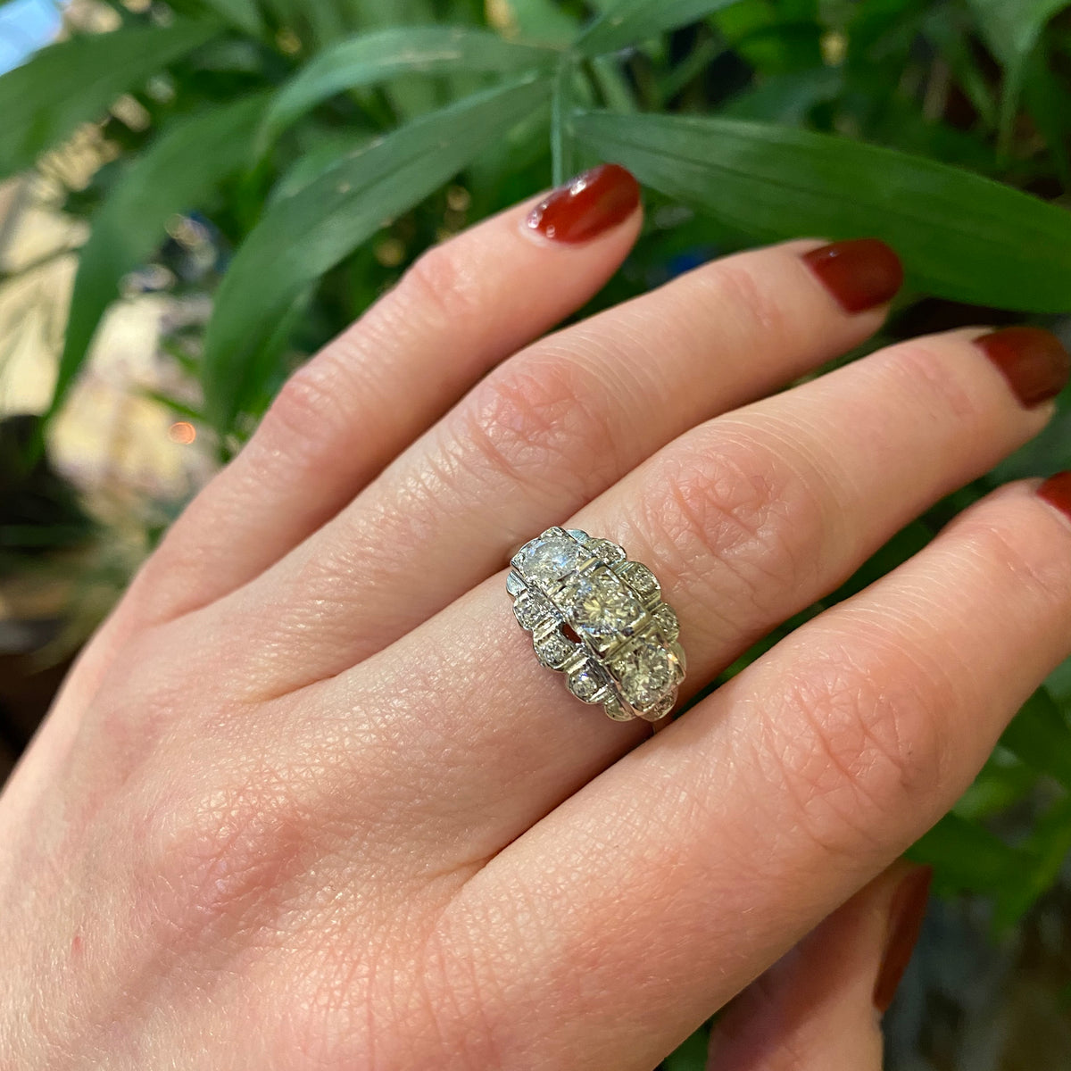 1930's Beauty 3 Stone White Gold Diamond Ring