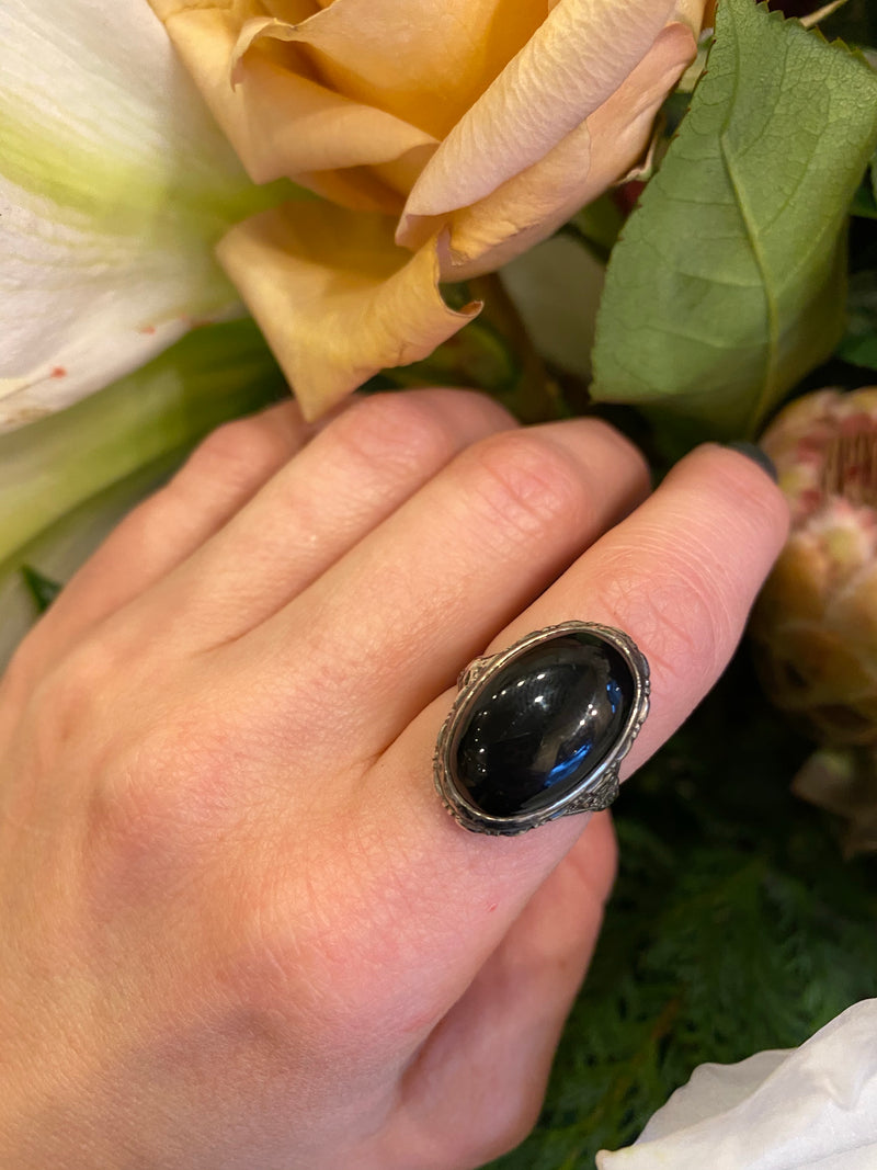 Romantic Dark Sparkle Onyx and Silver Ring