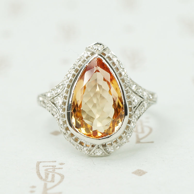 Vintage Engagement Ring Pear Shaped Imperial Topaz in Platinum