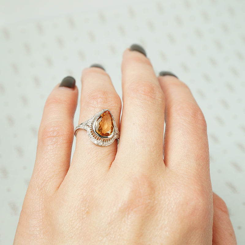 Vintage Engagement Ring Pear Shaped Imperial Topaz in Platinum