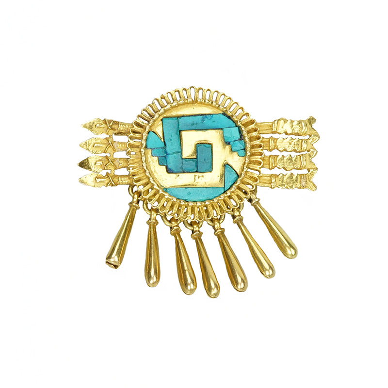 18k Gold Aztec Brooch with Turquoise Inlay - Gem Set Love