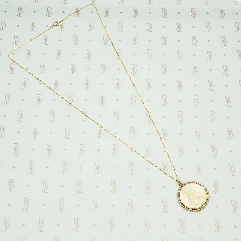 Carved Ivory Religious Pendant with Gold Pearls and Diamond