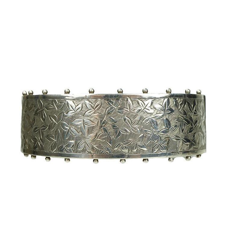 Wide Silver Bangle Engraved with Ivy
