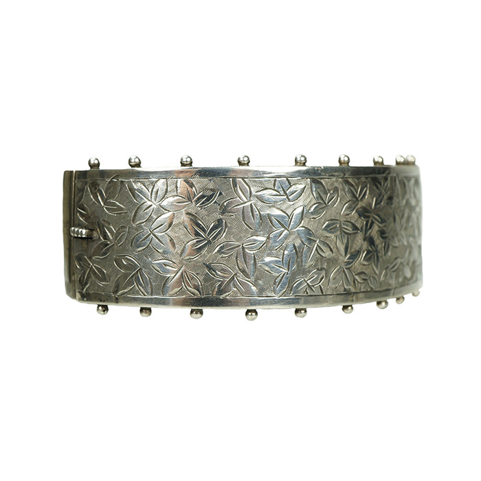 Wide Silver Bangle Engraved with Ivy