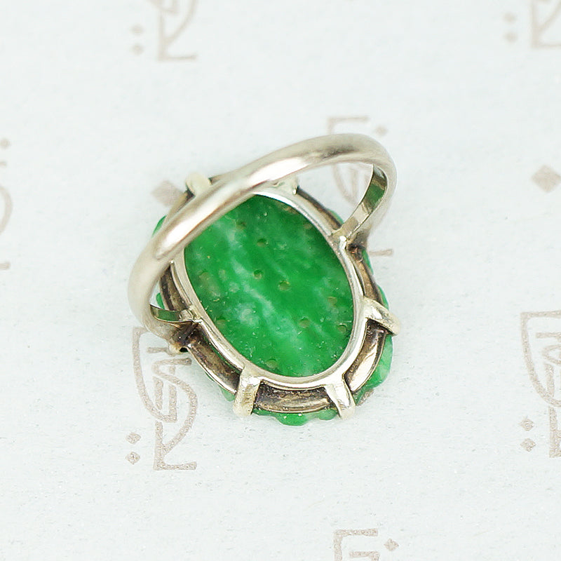 Brilliant Green Carved Jade White Gold Ring