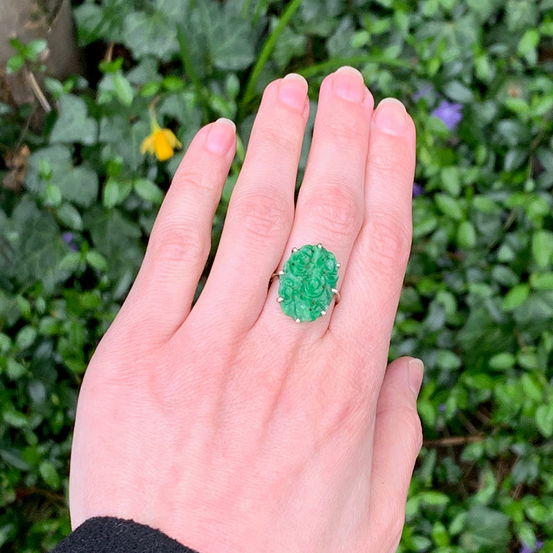 Brilliant Green Carved Jade White Gold Ring