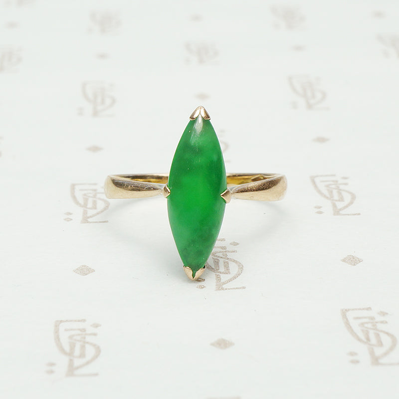14k rose gold navette shaped jade ring