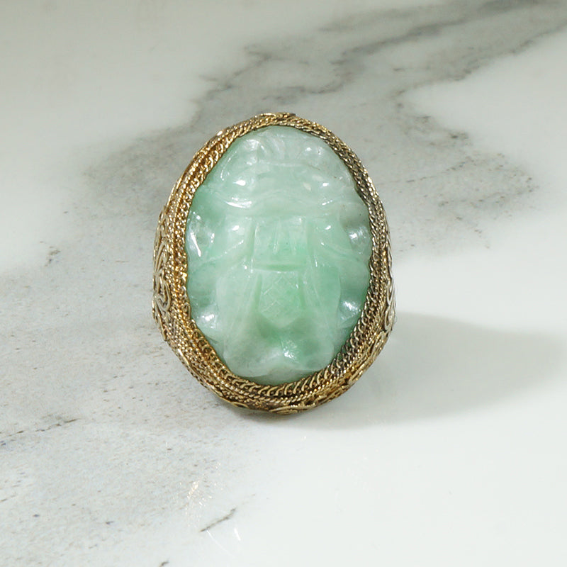 Carved Jade Cicada Silver Filigree Ring