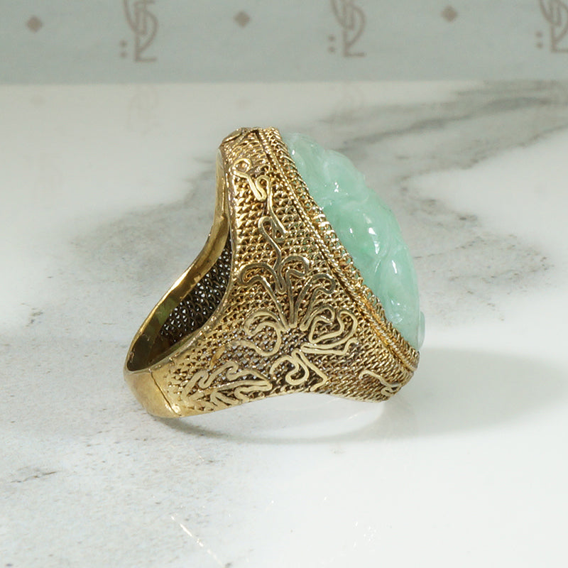 Carved Jade Cicada Silver Filigree Ring