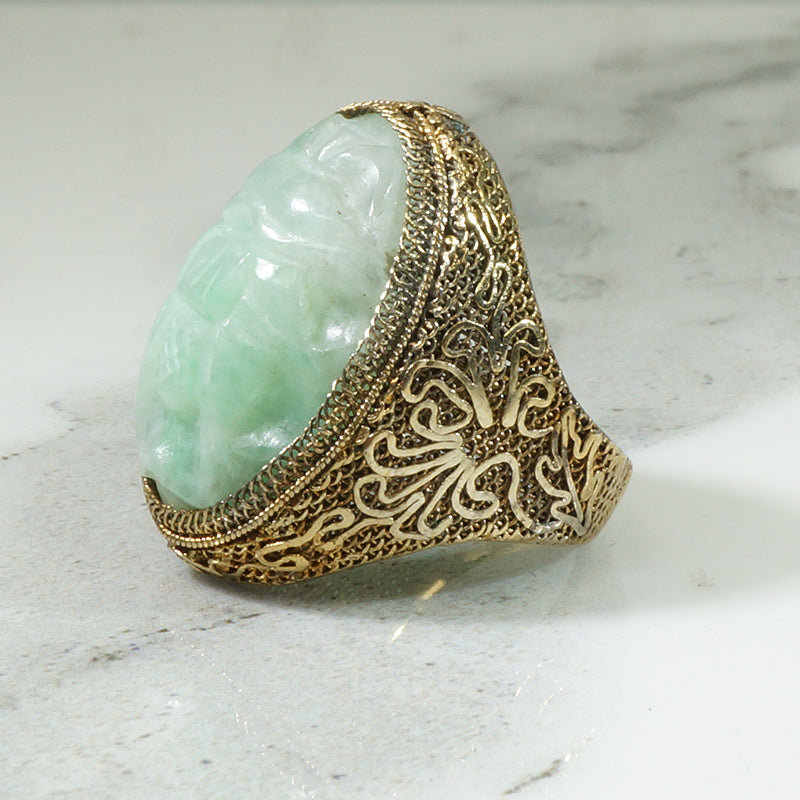 Carved Jade Cicada Silver Filigree Ring