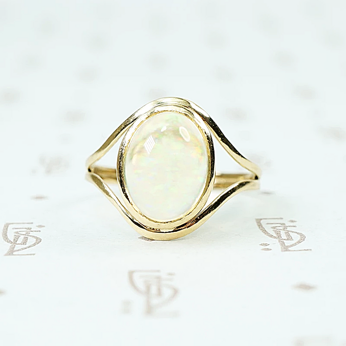 Jelly Opal set in 14k recycled yellow gold ring