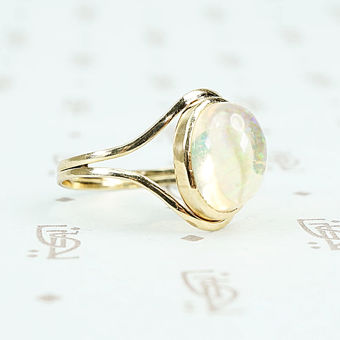 Jelly Opal set in 14k recycled yellow gold ring side view