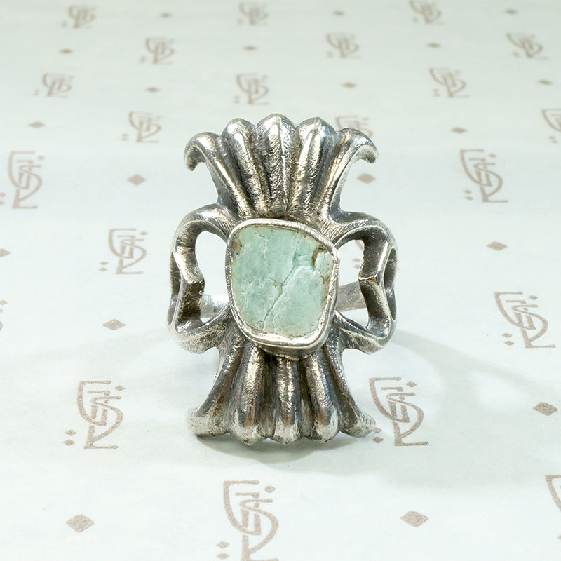 Navajo Sand Cast Silver Ring with Pale Green Turquoise