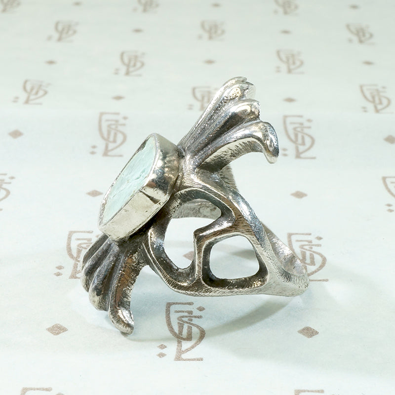 Navajo Sand Cast Silver Ring with Pale Green Turquoise