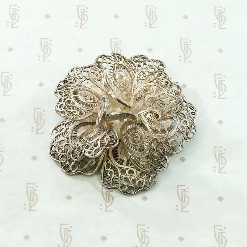Three-Dimensional Silver Filigree Flower Brooch