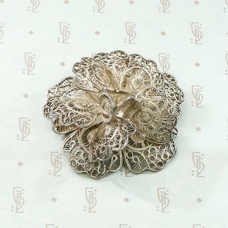 Three-Dimensional Silver Filigree Flower Brooch