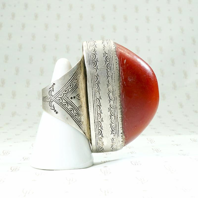 Massive Red Copal in Engraved Metal Ring