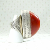Massive Red Copal in Engraved Metal Ring