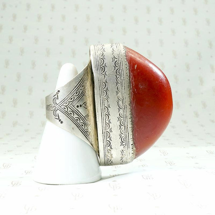 Massive Red Copal in Engraved Metal Ring