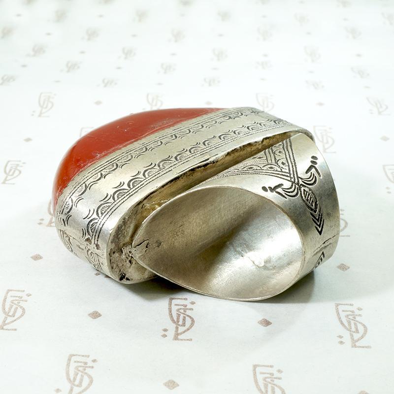 Massive Red Copal in Engraved Metal Ring