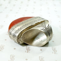 Massive Red Copal in Engraved Metal Ring