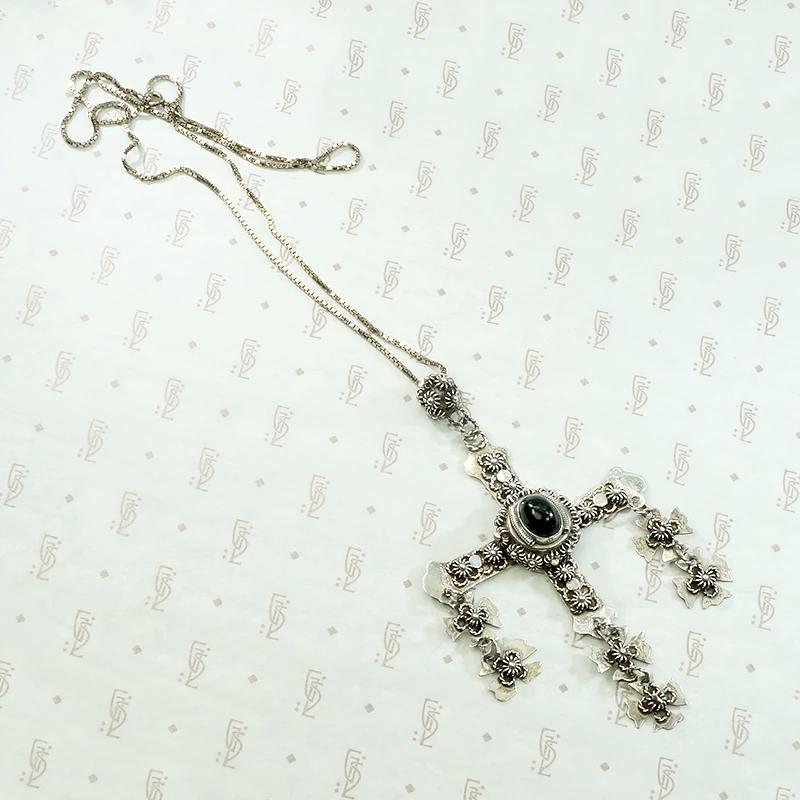 Ornate Mexican Silver & Onyx Cross Necklace