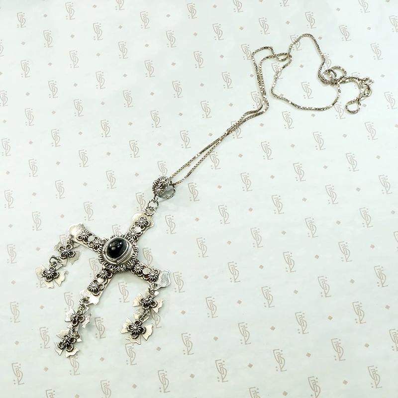 Ornate Mexican Silver & Onyx Cross Necklace