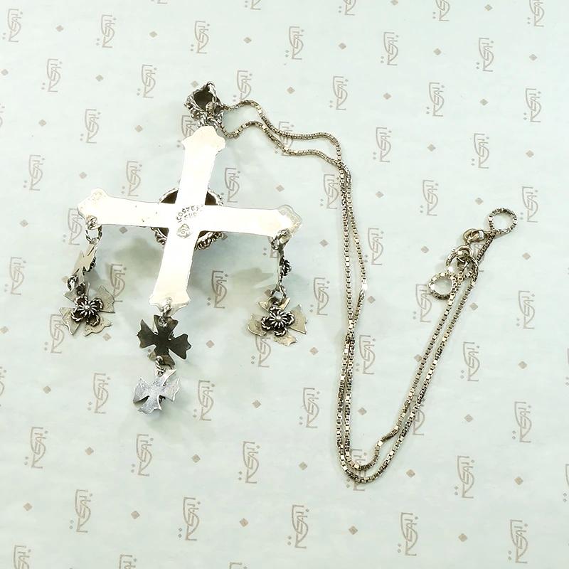 Ornate Mexican Silver & Onyx Cross Necklace