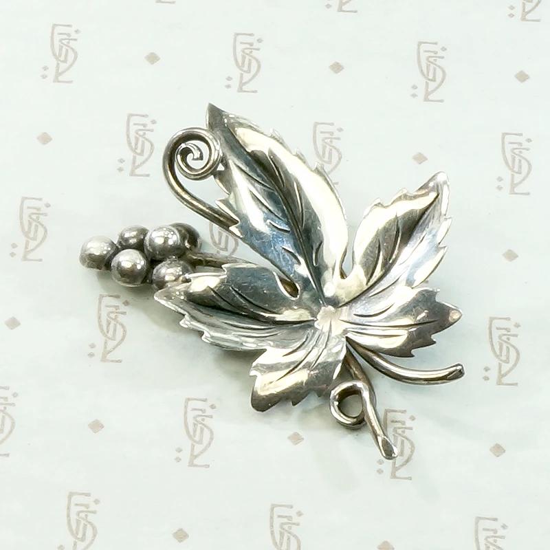 Mexican Sterling Grape Leaf Brooch by Dámaso Gallegos