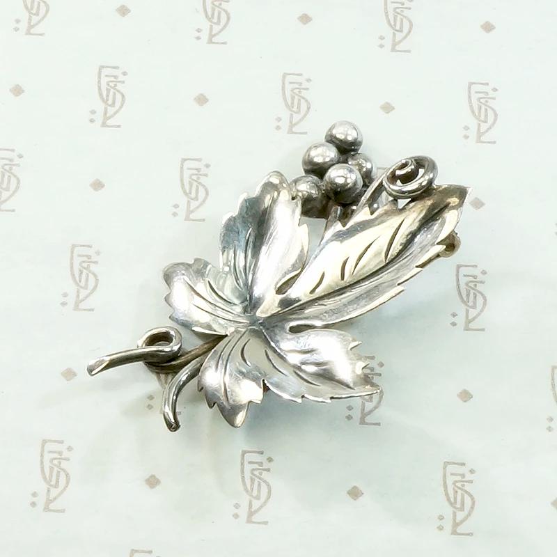 Mexican Sterling Grape Leaf Brooch by Dámaso Gallegos