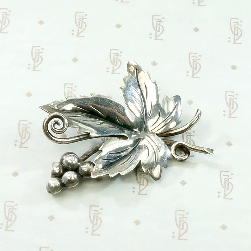 Mexican Sterling Grape Leaf Brooch by Dámaso Gallegos