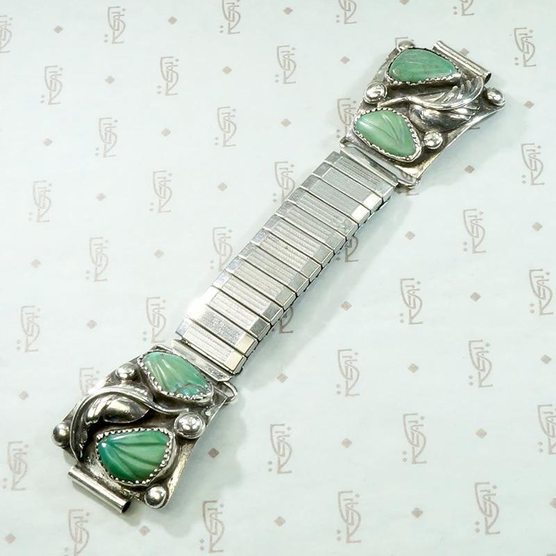 Silver Watch Band with Carved Green Turquoise