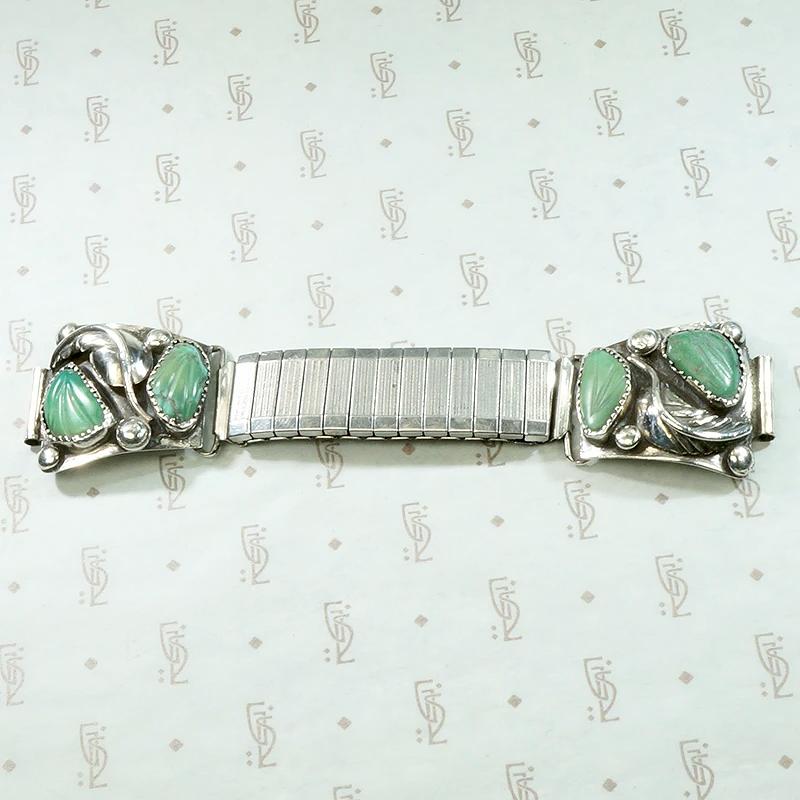 Silver Watch Band with Carved Green Turquoise