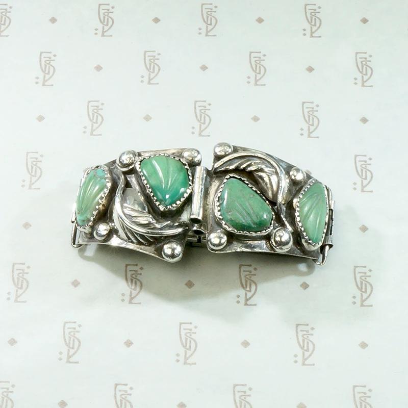 Silver Watch Band with Carved Green Turquoise