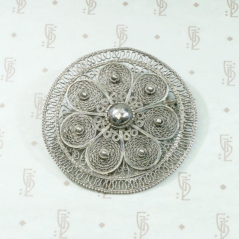 Silver Floral Filigree Shield Brooch