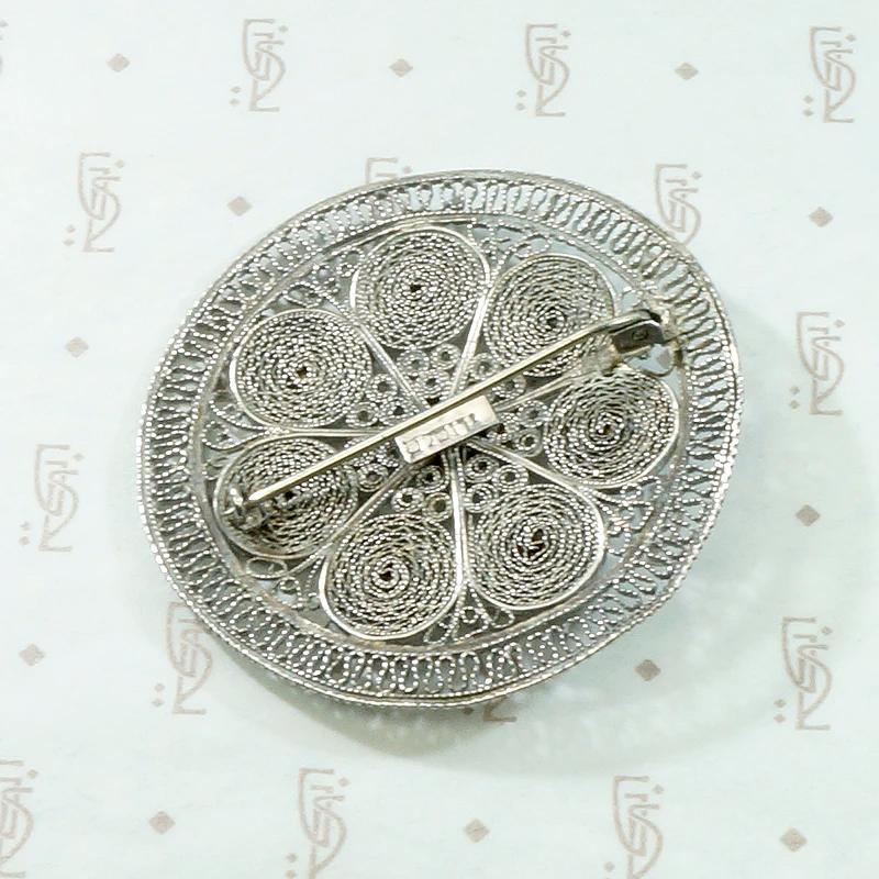 Silver Floral Filigree Shield Brooch
